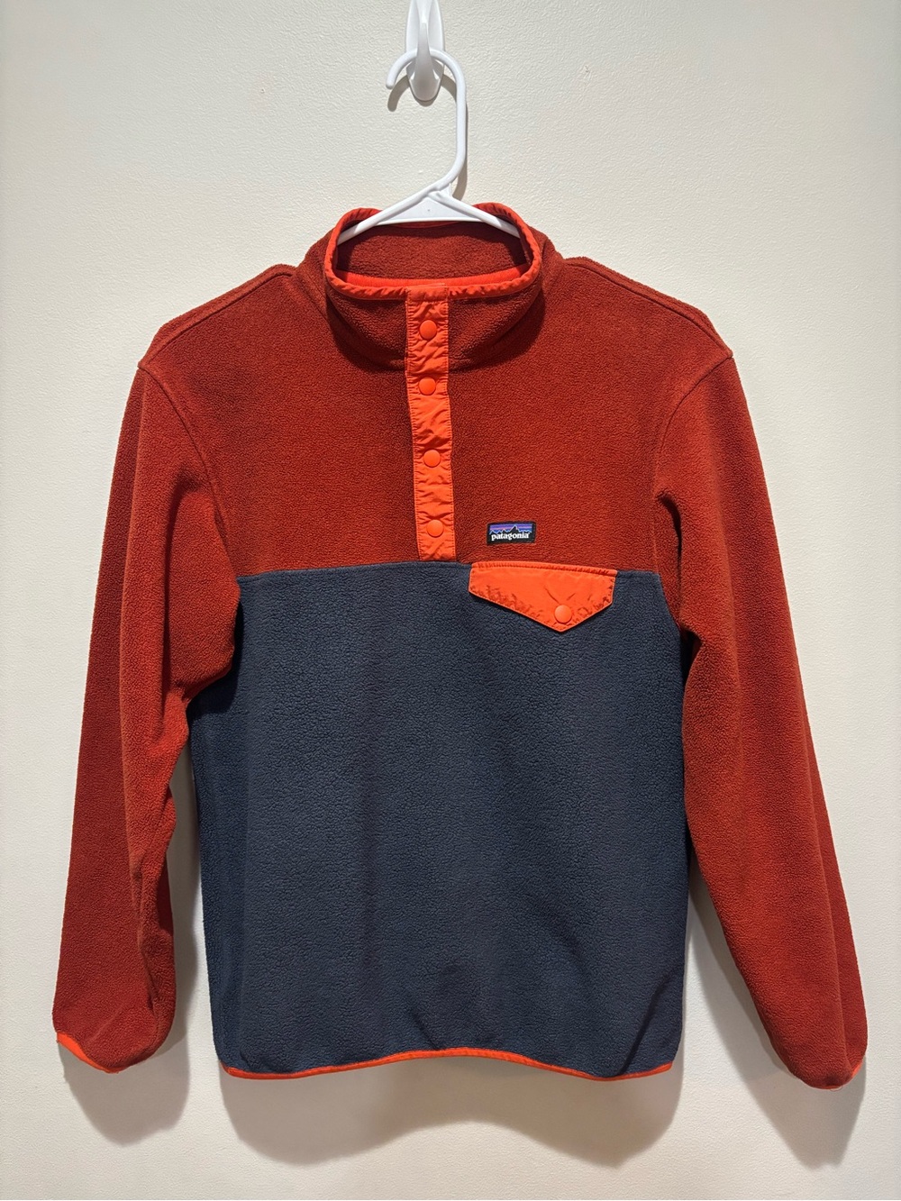 Patagonia Synchilla Snap-T Fleece Pullover Orange Navy Colorblock Outdoor Hiking
